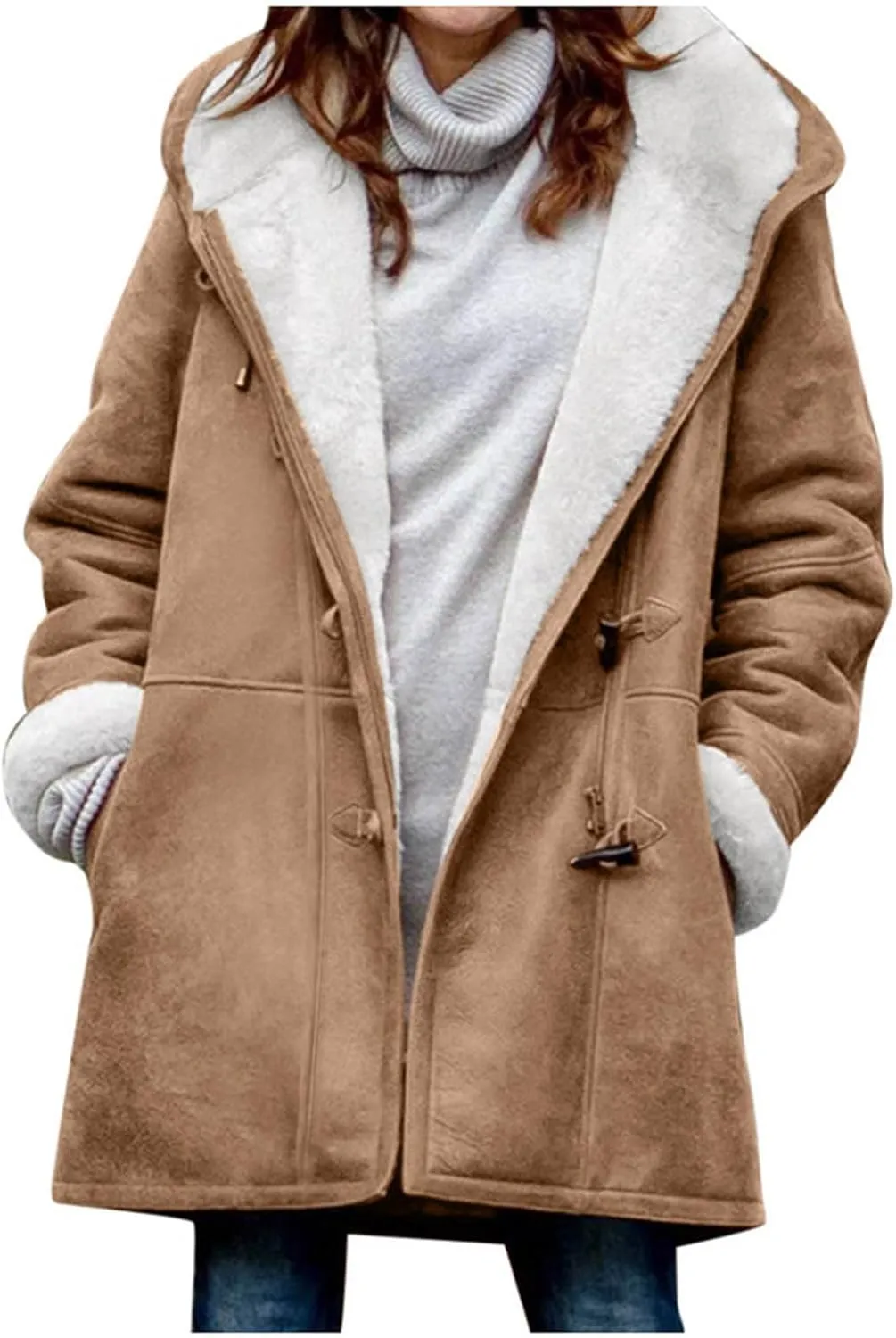 Qeaghou Fleece Lined Winter Coats for Women Warm Trench Coat Furry Windbreaker Ski Jacket Fuzzy Solid Jacket with Hood