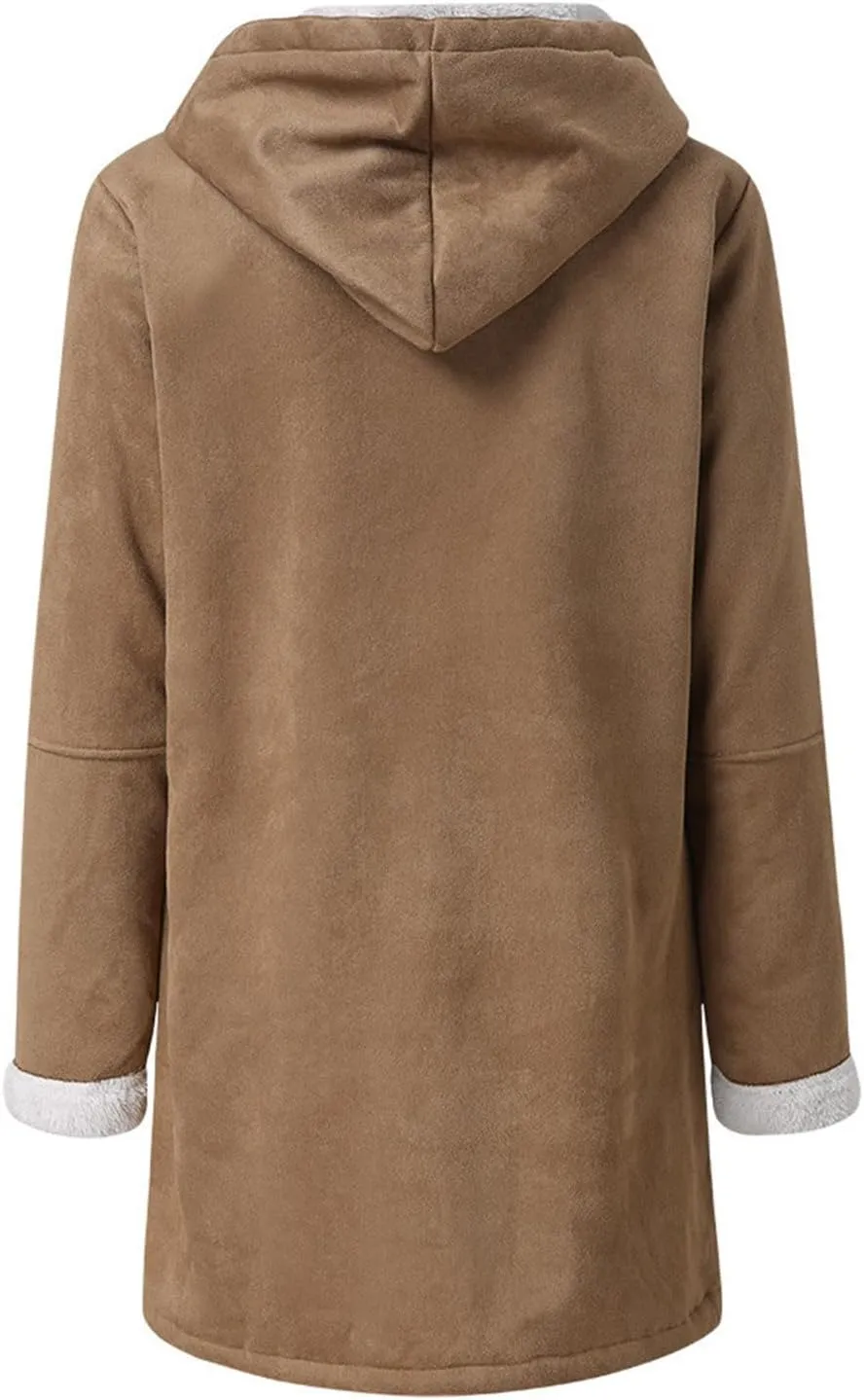 Qeaghou Fleece Lined Winter Coats for Women Warm Trench Coat Furry Windbreaker Ski Jacket Fuzzy Solid Jacket with Hood