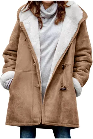 Qeaghou Fleece Lined Winter Coats for Women Warm Trench Coat Furry Windbreaker Ski Jacket Fuzzy Solid Jacket with Hood
