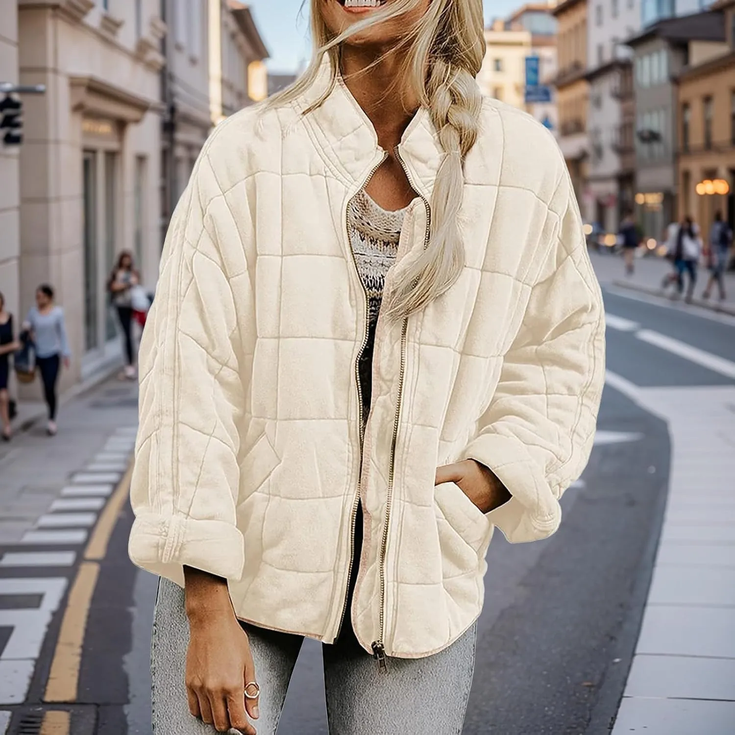 Quilted Puffer Jacket Women Lightweight Zip Up Long Sleeve Down Jacket Casual Button Warm Winter Coats with Pockets