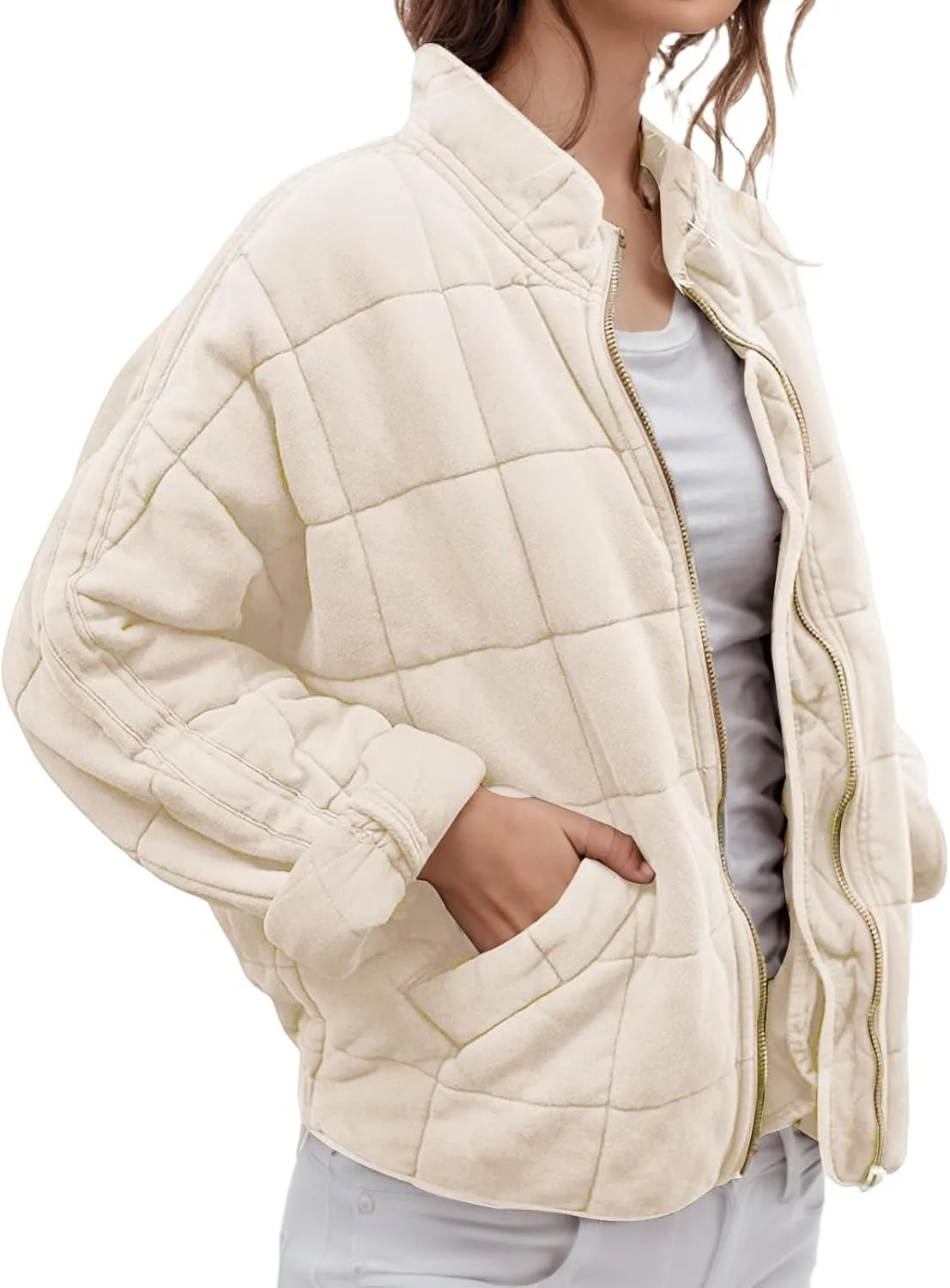 Quilted Puffer Jacket Women Lightweight Zip Up Long Sleeve Down Jacket Casual Button Warm Winter Coats with Pockets