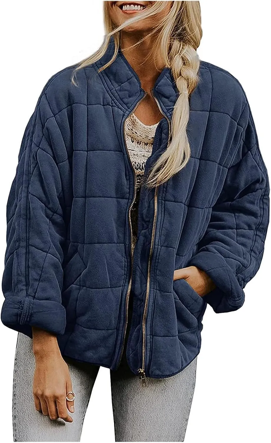 Quilted Puffer Jacket Women Lightweight Zip Up Long Sleeve Down Jacket Casual Button Warm Winter Coats with Pockets