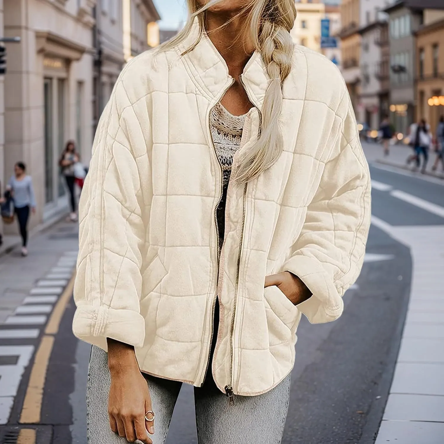 Quilted Puffer Jacket Women Lightweight Zip Up Long Sleeve Down Jacket Casual Button Warm Winter Coats with Pockets