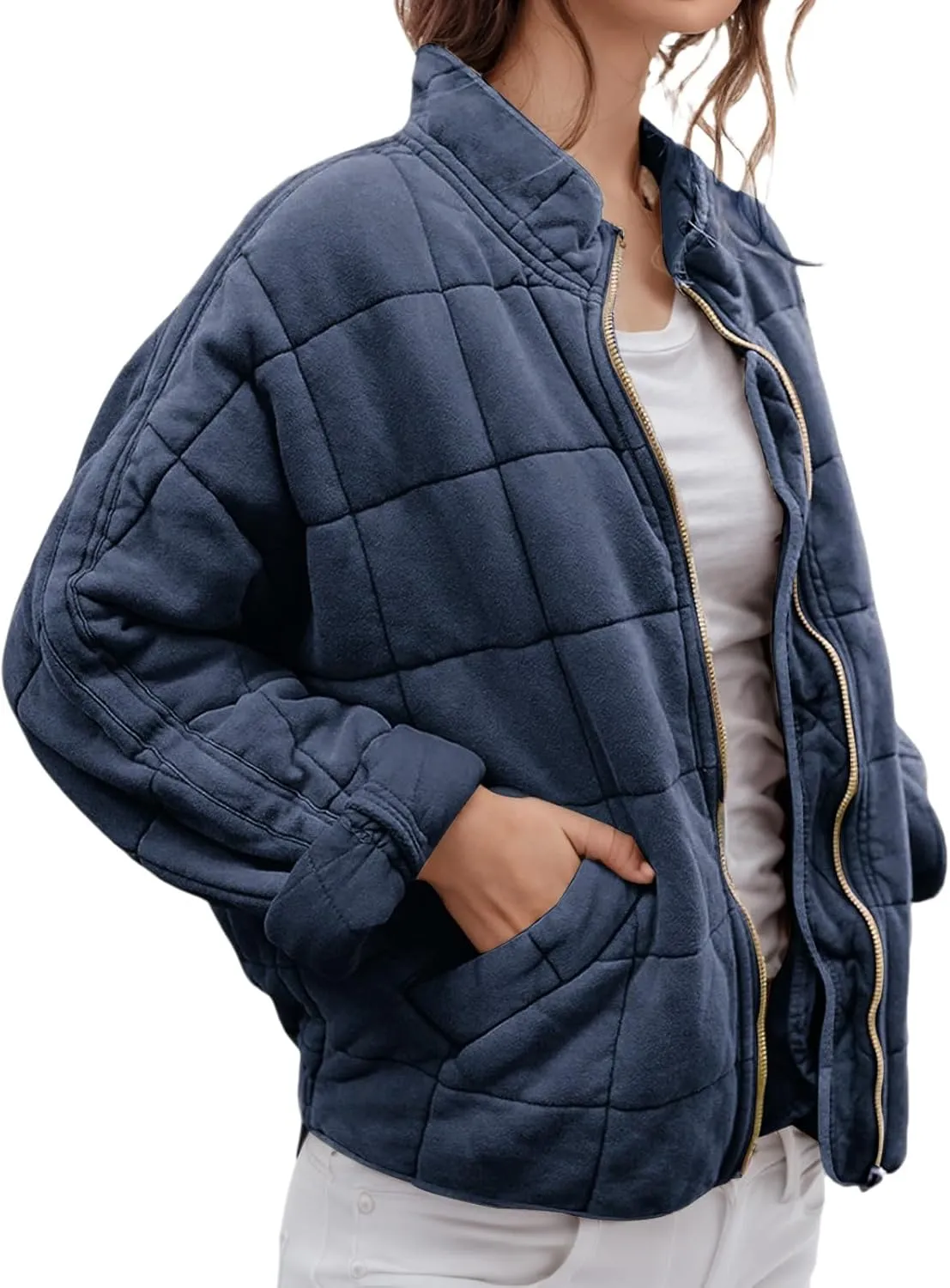 Quilted Puffer Jacket Women Lightweight Zip Up Long Sleeve Down Jacket Casual Button Warm Winter Coats with Pockets