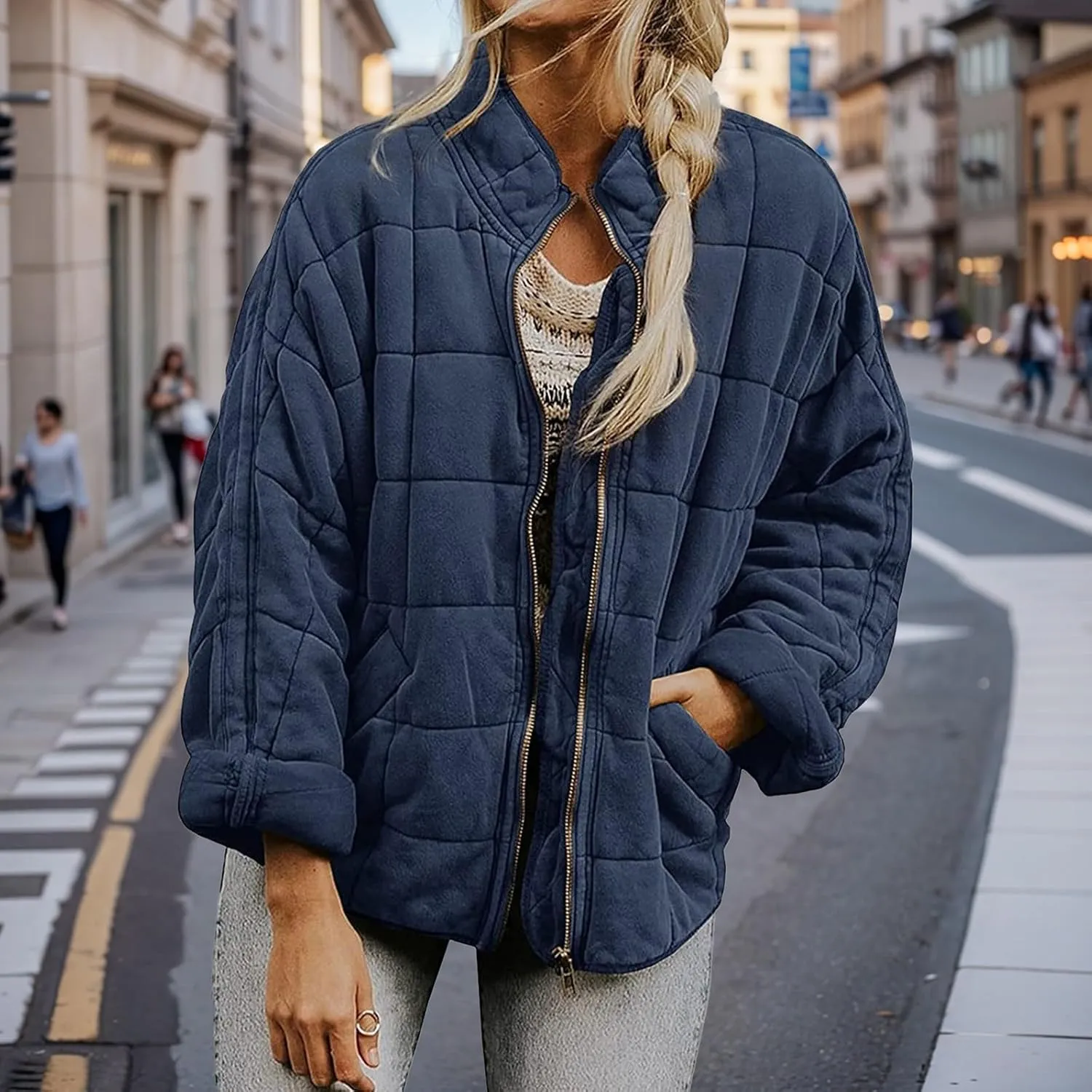 Quilted Puffer Jacket Women Lightweight Zip Up Long Sleeve Down Jacket Casual Button Warm Winter Coats with Pockets