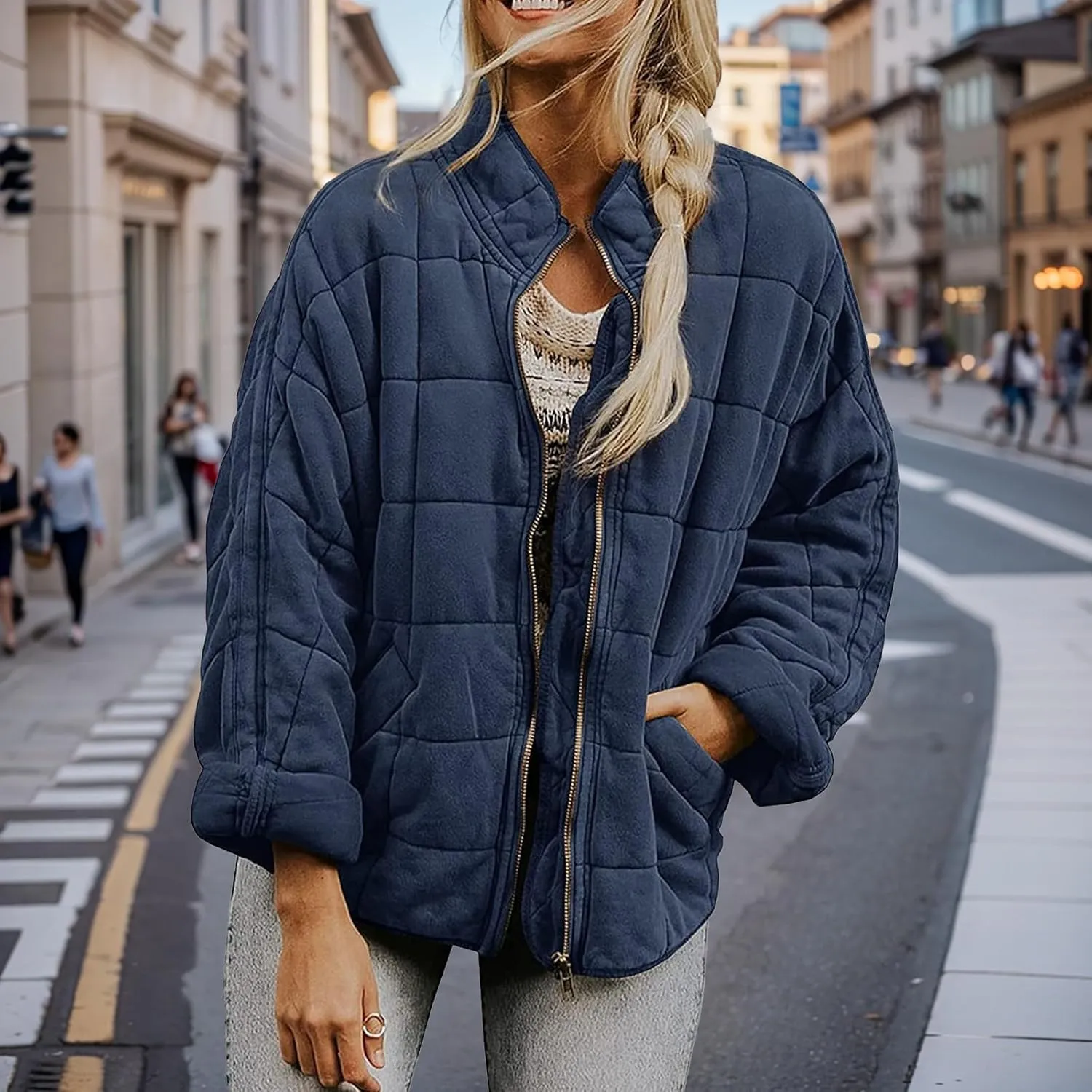 Quilted Puffer Jacket Women Lightweight Zip Up Long Sleeve Down Jacket Casual Button Warm Winter Coats with Pockets