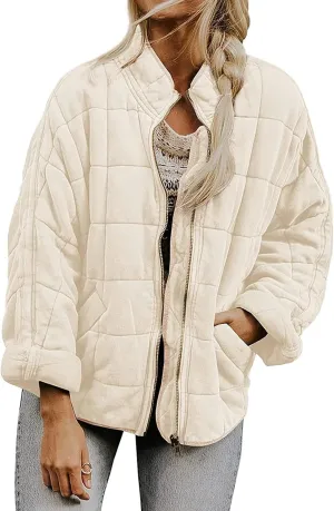 Quilted Puffer Jacket Women Lightweight Zip Up Long Sleeve Down Jacket Casual Button Warm Winter Coats with Pockets