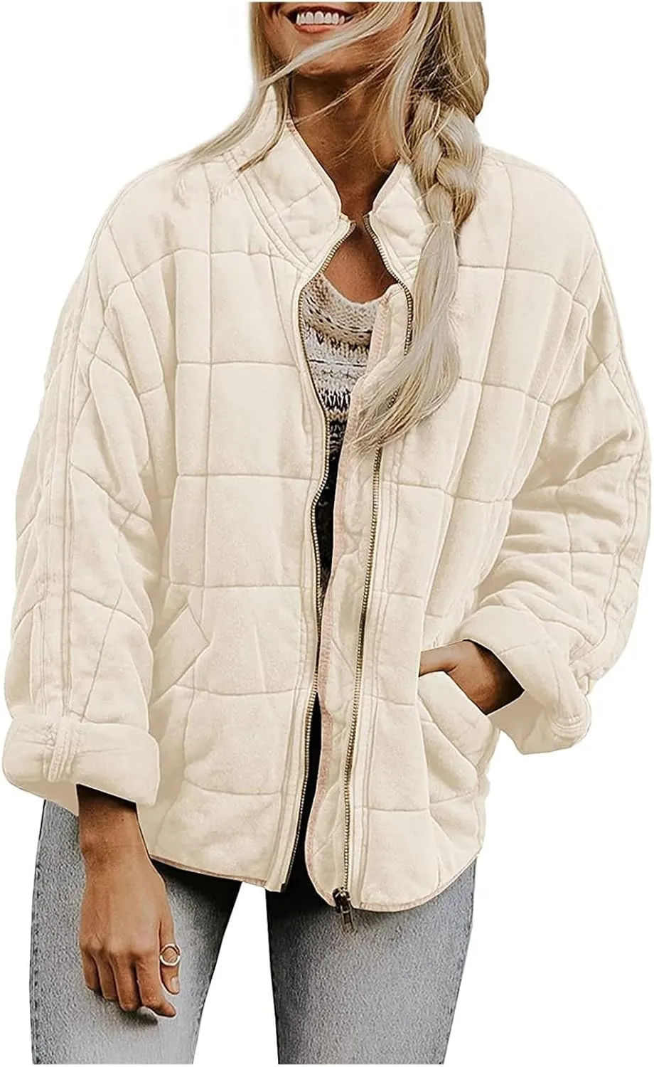 Quilted Puffer Jacket Women Lightweight Zip Up Long Sleeve Down Jacket Casual Button Warm Winter Coats with Pockets