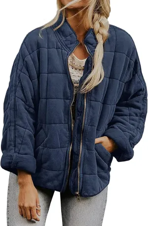 Quilted Puffer Jacket Women Lightweight Zip Up Long Sleeve Down Jacket Casual Button Warm Winter Coats with Pockets
