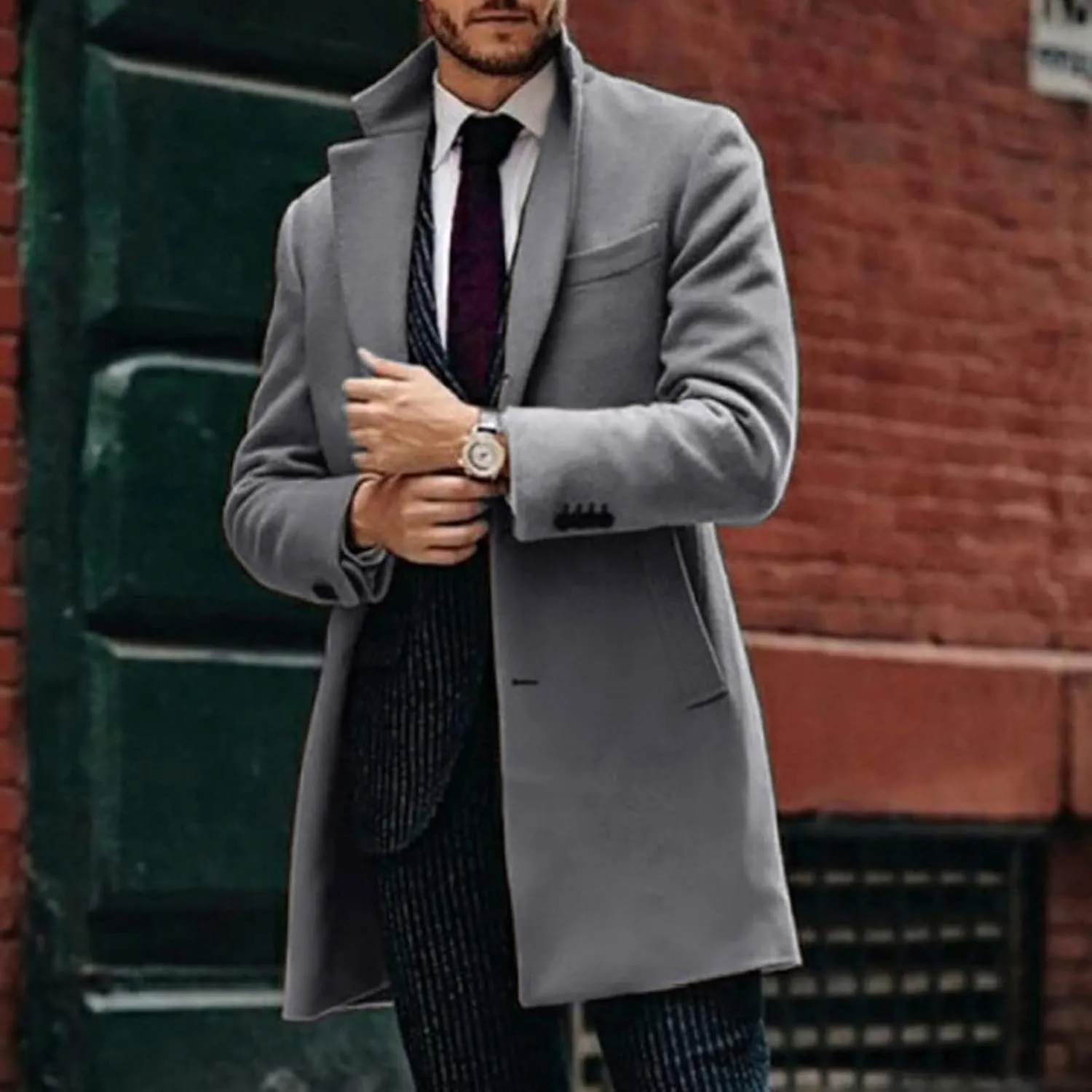 QWENTMTNTY Wool Pea Coats for Men Winter Slim Fit Casual Single Breasted Trench Coat Mid-Length Thermal Business Peacoat