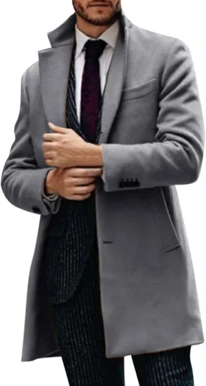 QWENTMTNTY Wool Pea Coats for Men Winter Slim Fit Casual Single Breasted Trench Coat Mid-Length Thermal Business Peacoat