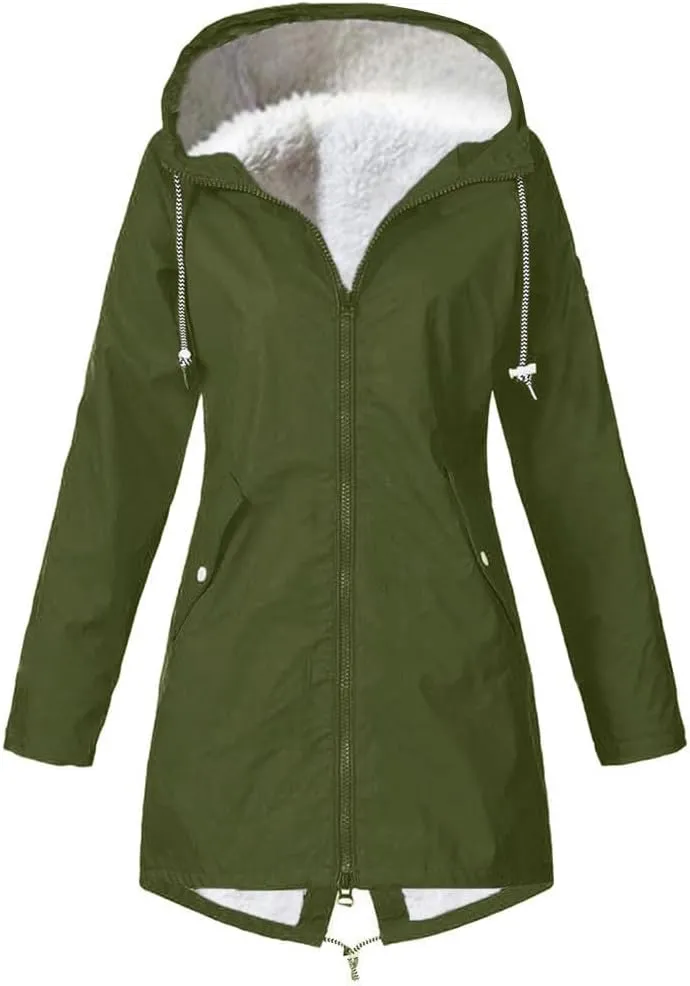 Rain Coats for Women Waterproof with Hood Thickened Fleece Lined Raincoat Casual Solid Lightweight Rain Coats