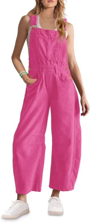 ReachMe Womens Casual Adjustable Bib Overalls Classic Wide Leg Jumpsuits Vintage Barrel Overalls Baggy Pants with Pockets