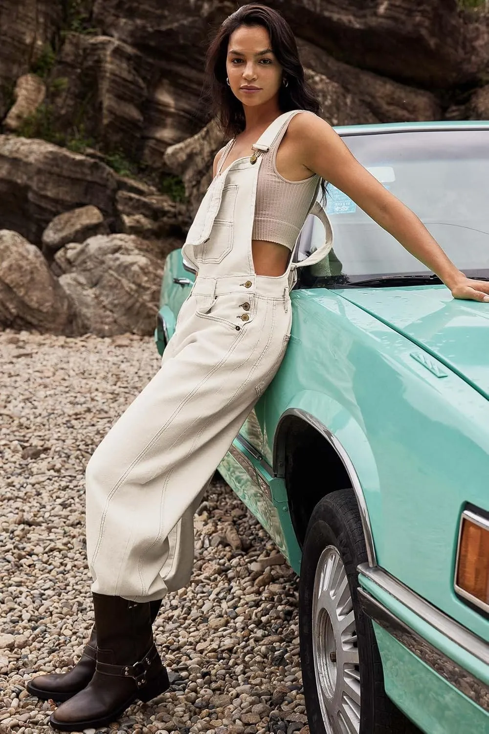 ReachMe Womens Casual Adjustable Bib Overalls Classic Wide Leg Jumpsuits Vintage Barrel Overalls Baggy Pants with Pockets