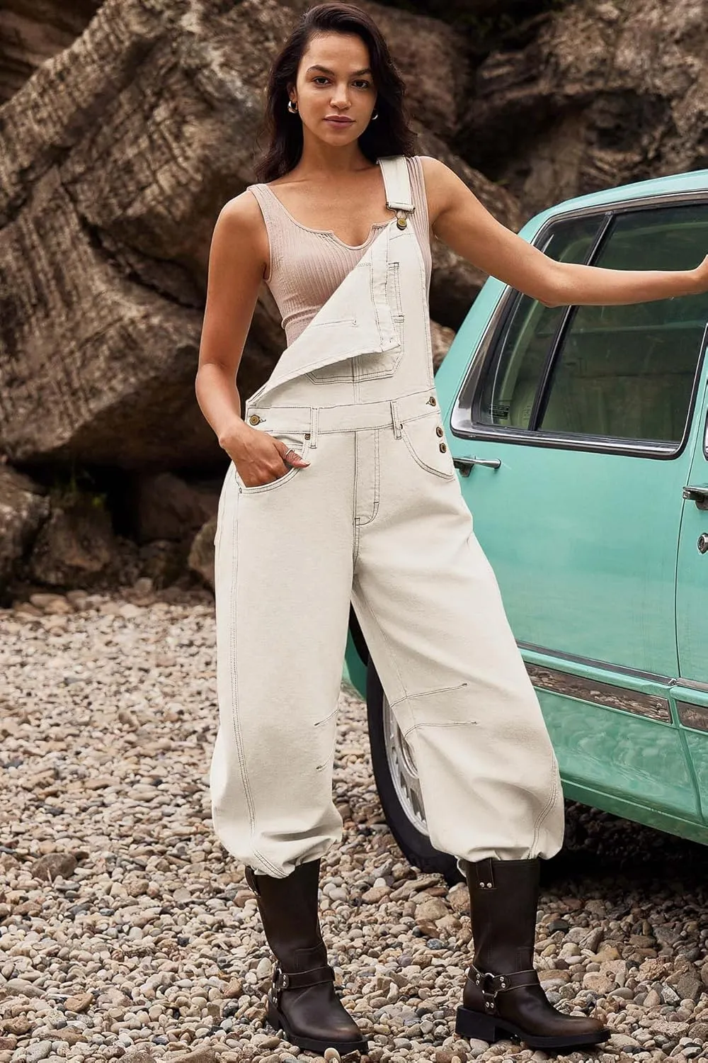 ReachMe Womens Casual Adjustable Bib Overalls Classic Wide Leg Jumpsuits Vintage Barrel Overalls Baggy Pants with Pockets