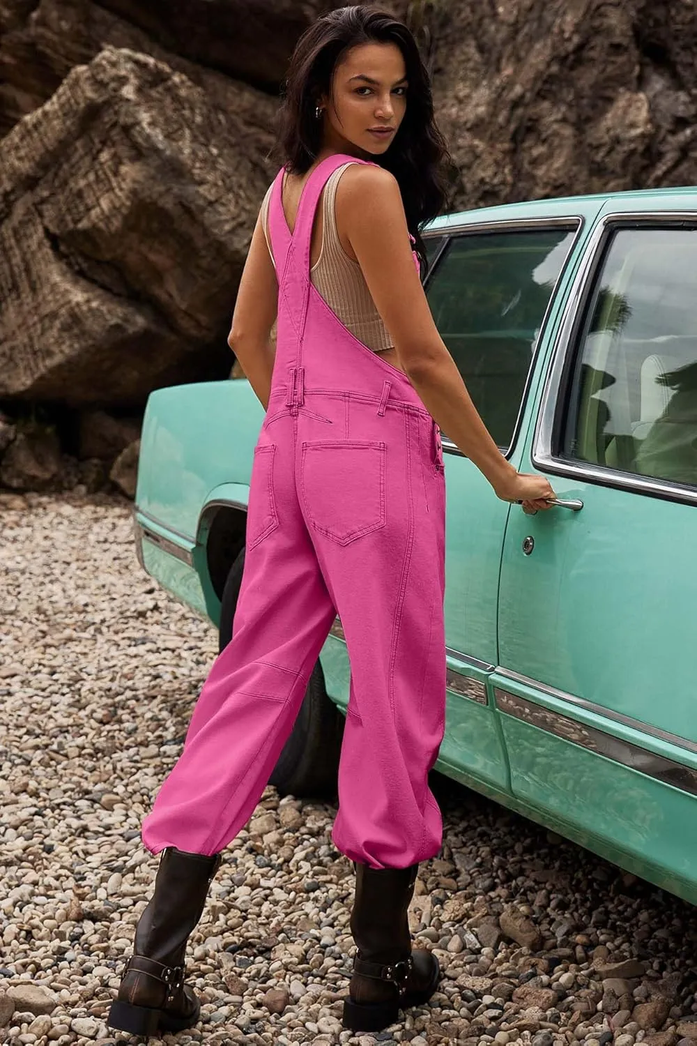 ReachMe Womens Casual Adjustable Bib Overalls Classic Wide Leg Jumpsuits Vintage Barrel Overalls Baggy Pants with Pockets