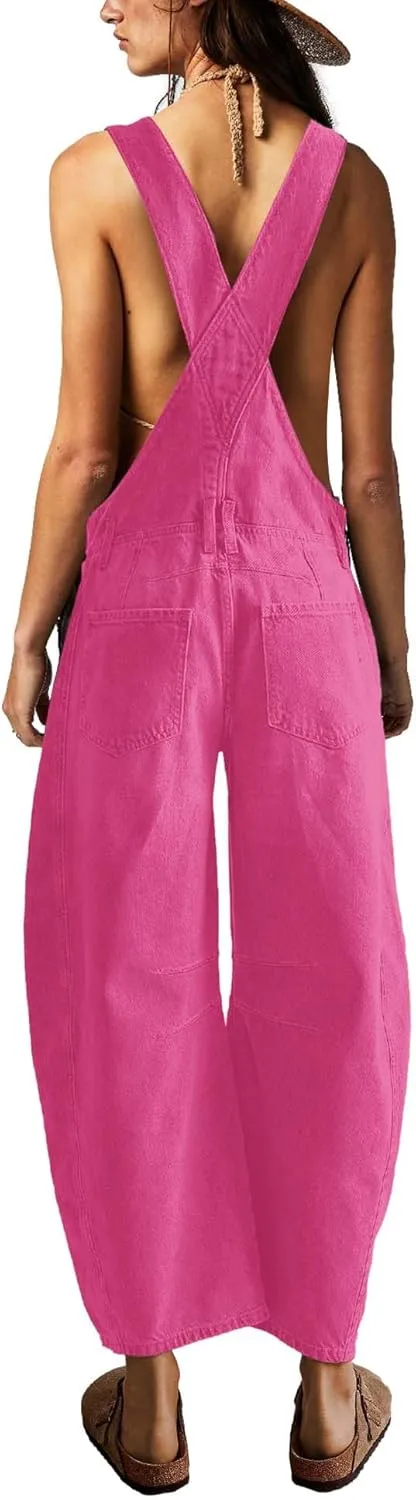ReachMe Womens Casual Adjustable Bib Overalls Classic Wide Leg Jumpsuits Vintage Barrel Overalls Baggy Pants with Pockets