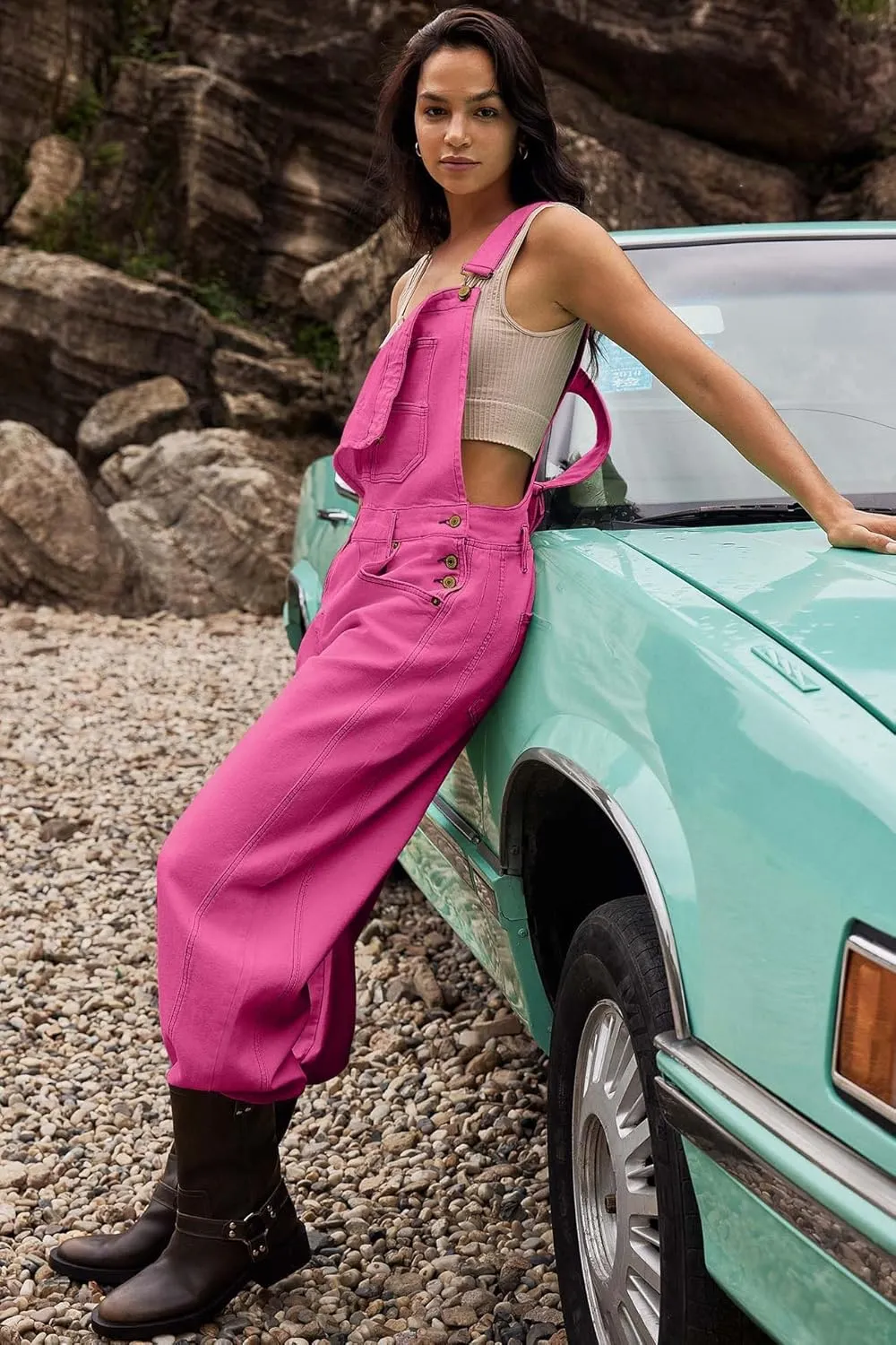 ReachMe Womens Casual Adjustable Bib Overalls Classic Wide Leg Jumpsuits Vintage Barrel Overalls Baggy Pants with Pockets