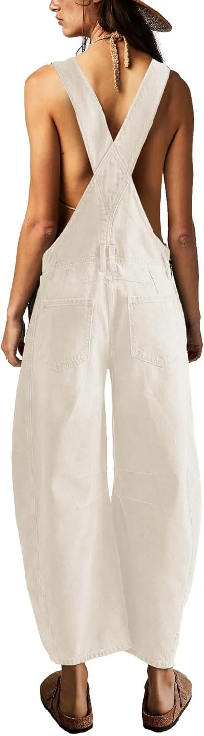 ReachMe Womens Casual Adjustable Bib Overalls Classic Wide Leg Jumpsuits Vintage Barrel Overalls Baggy Pants with Pockets