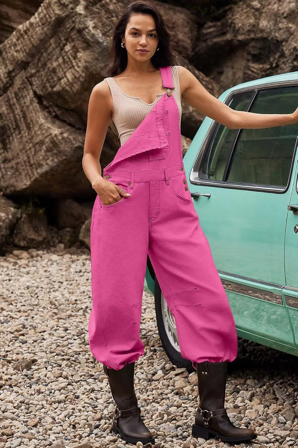 ReachMe Womens Casual Adjustable Bib Overalls Classic Wide Leg Jumpsuits Vintage Barrel Overalls Baggy Pants with Pockets