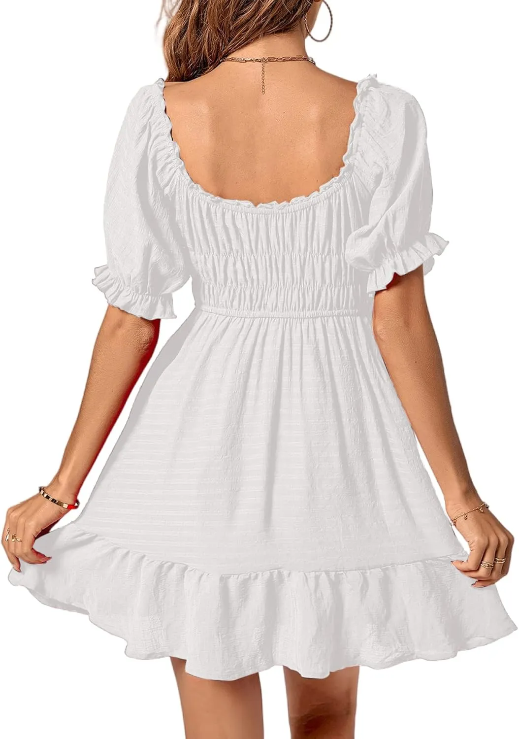 Rooscier Women's Square Neck Puff Short Sleeve Shirred Ruffle Flared Swing Mini Dress