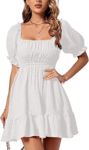 Rooscier Women's Square Neck Puff Short Sleeve Shirred Ruffle Flared Swing Mini Dress