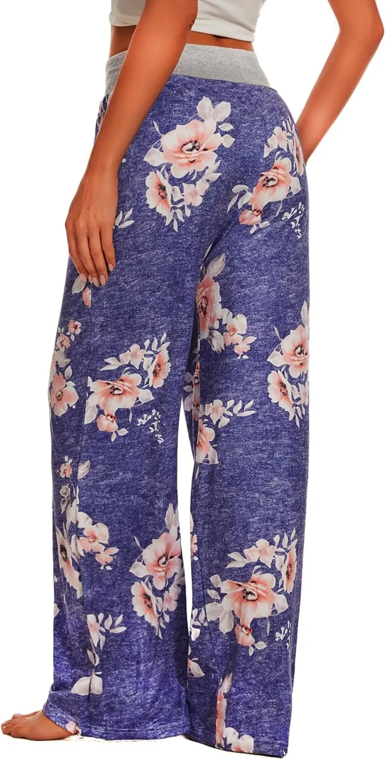 ROSA JUNIO Comfy Pajama Pants for Women Casual Drawstring Floral Palazzo Lounge Pants Stretch Wide Leg Bottoms