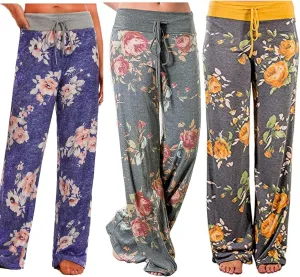 ROSA JUNIO Comfy Pajama Pants for Women Casual Drawstring Floral Palazzo Lounge Pants Stretch Wide Leg Bottoms