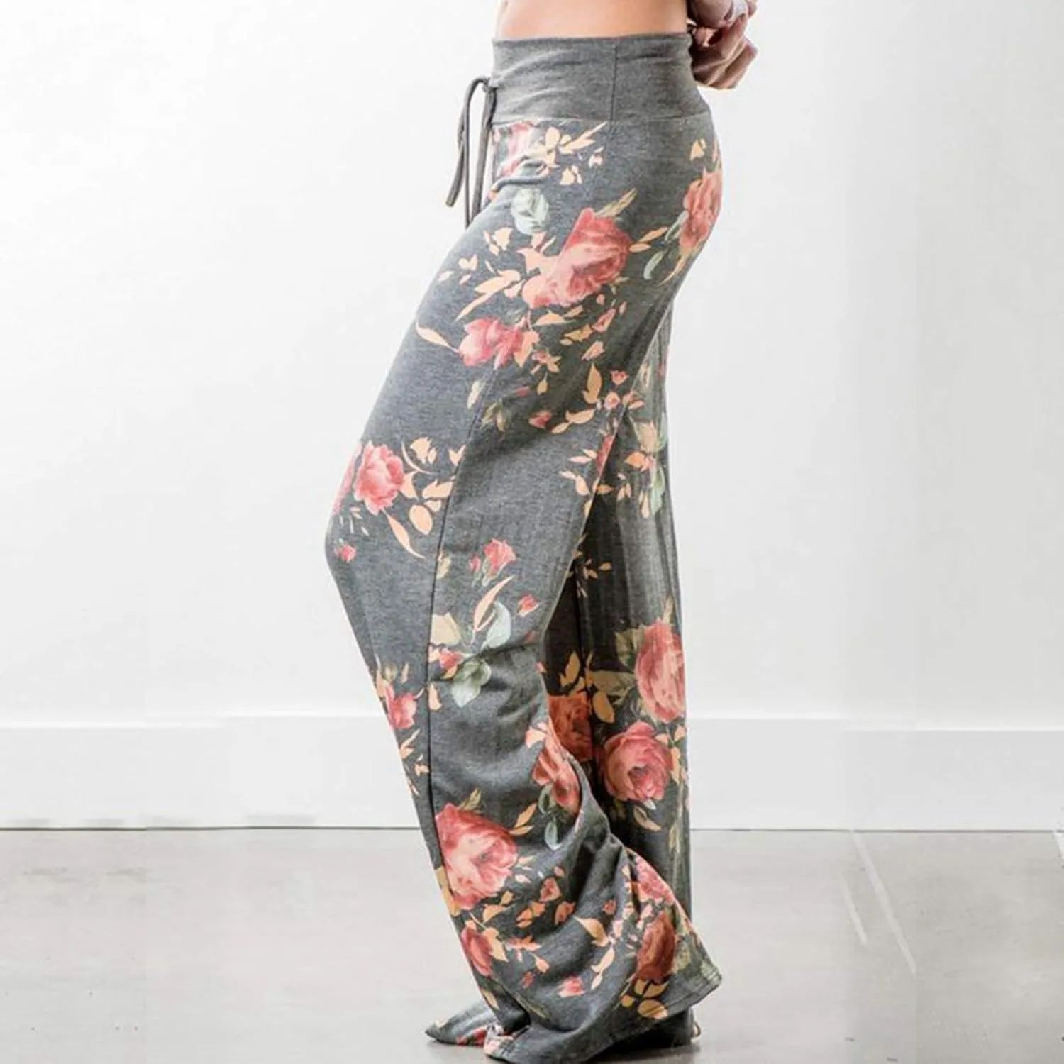 ROSA JUNIO Comfy Pajama Pants for Women Casual Drawstring Floral Palazzo Lounge Pants Stretch Wide Leg Bottoms