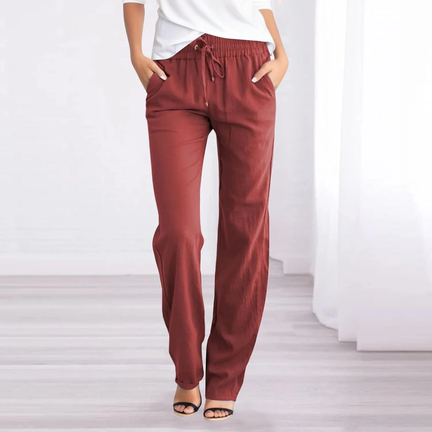 Rvidbe Work Pants Women Petite Women's Summer Straight Leg Casual Pants Drawstring Elastic High Waist Loose Comfy Trousers