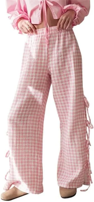Sastianaen Women Y2K Striped Long Pants with Bow Tie Side Slit Wide Leg Lounge Pants in Gingham Pattern with Pockets