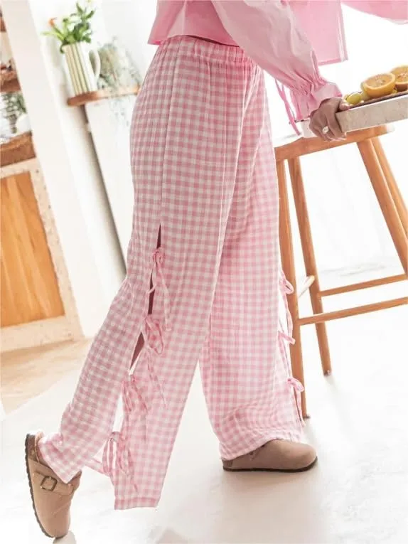 Sastianaen Women Y2K Striped Long Pants with Bow Tie Side Slit Wide Leg Lounge Pants in Gingham Pattern with Pockets