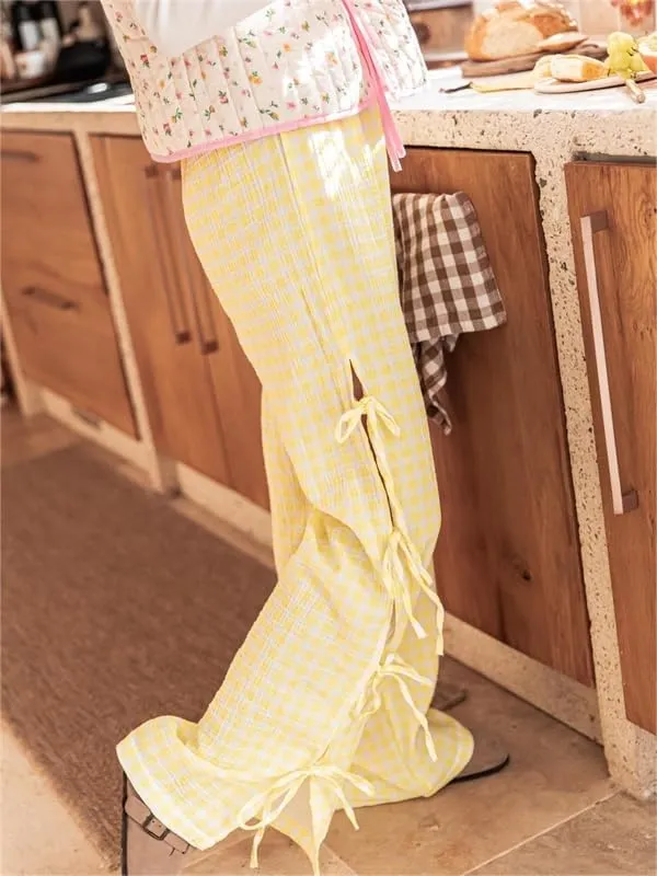 Sastianaen Women Y2K Striped Long Pants with Bow Tie Side Slit Wide Leg Lounge Pants in Gingham Pattern with Pockets
