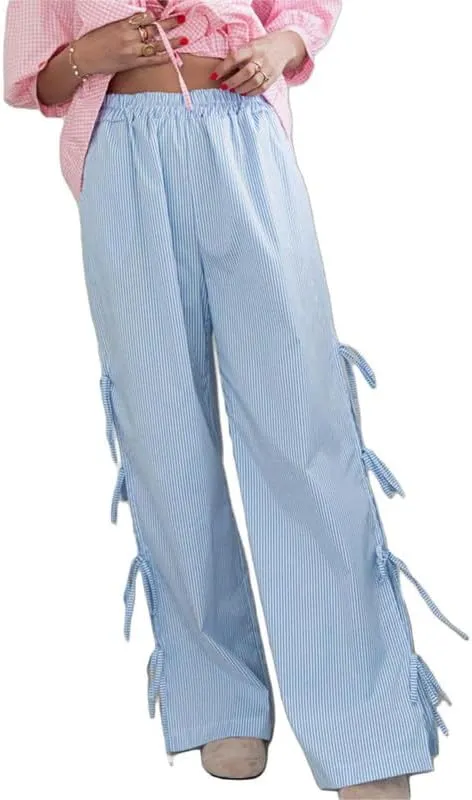 Sastianaen Women Y2K Striped Long Pants with Bow Tie Side Slit Wide Leg Lounge Pants in Gingham Pattern with Pockets
