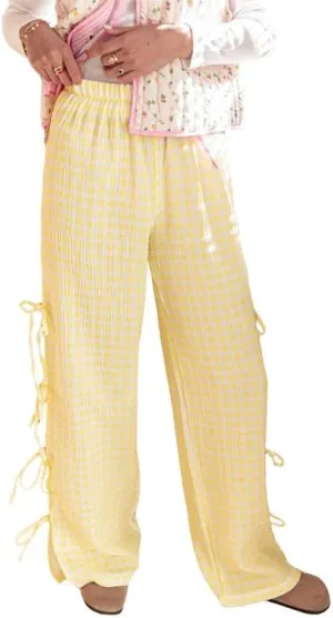 Sastianaen Women Y2K Striped Long Pants with Bow Tie Side Slit Wide Leg Lounge Pants in Gingham Pattern with Pockets