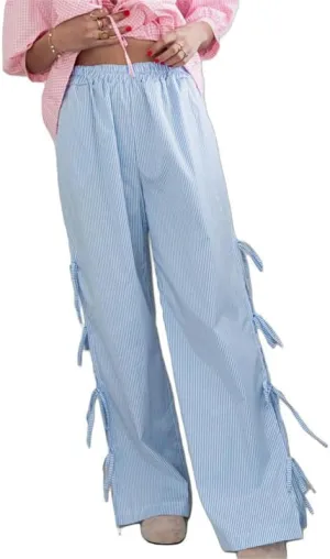 Sastianaen Women Y2K Striped Long Pants with Bow Tie Side Slit Wide Leg Lounge Pants in Gingham Pattern with Pockets