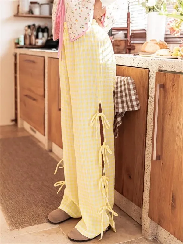 Sastianaen Women Y2K Striped Long Pants with Bow Tie Side Slit Wide Leg Lounge Pants in Gingham Pattern with Pockets