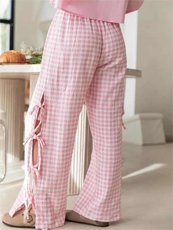 Sastianaen Women Y2K Striped Long Pants with Bow Tie Side Slit Wide Leg Lounge Pants in Gingham Pattern with Pockets
