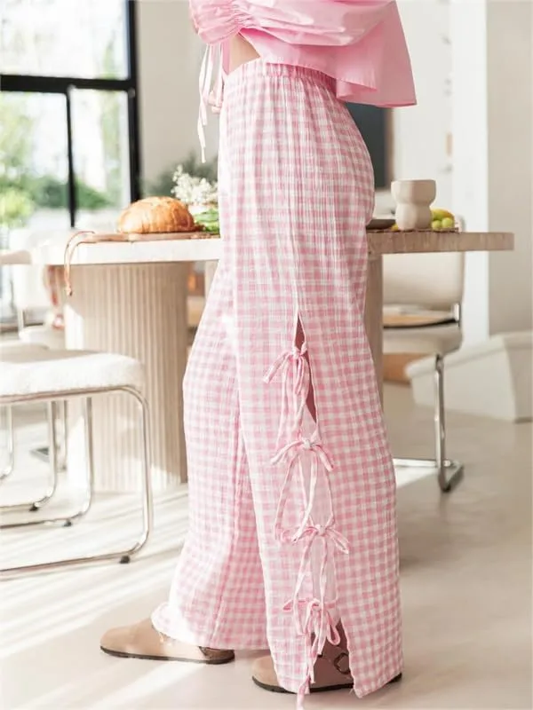 Sastianaen Women Y2K Striped Long Pants with Bow Tie Side Slit Wide Leg Lounge Pants in Gingham Pattern with Pockets