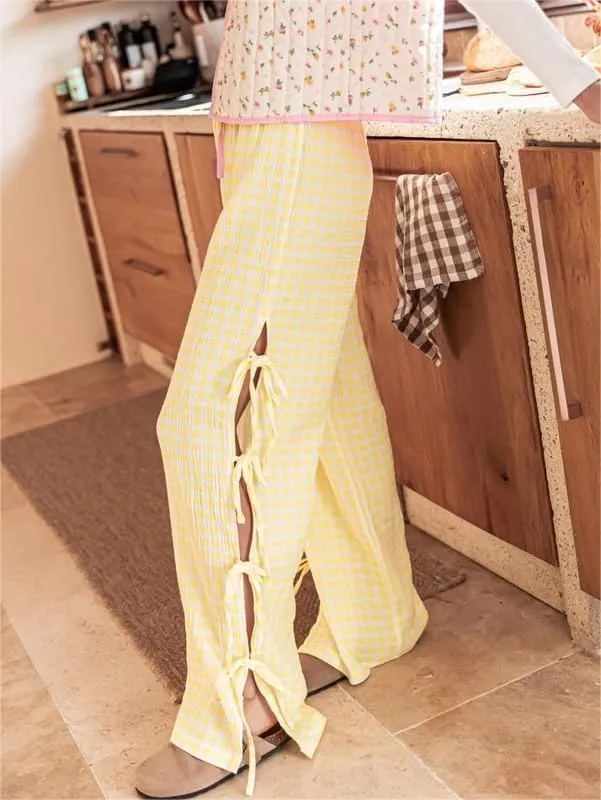 Sastianaen Women Y2K Striped Long Pants with Bow Tie Side Slit Wide Leg Lounge Pants in Gingham Pattern with Pockets