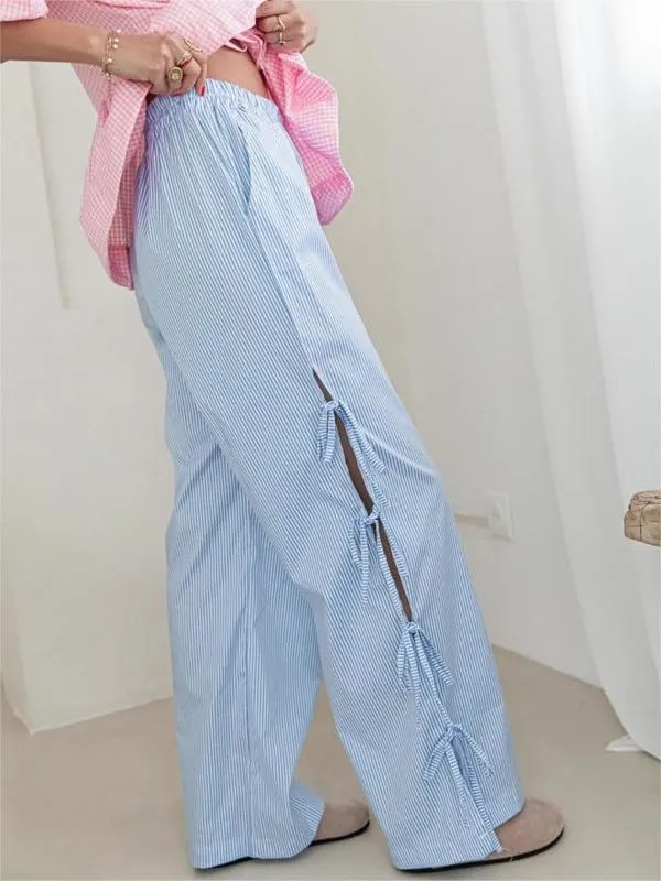 Sastianaen Women Y2K Striped Long Pants with Bow Tie Side Slit Wide Leg Lounge Pants in Gingham Pattern with Pockets