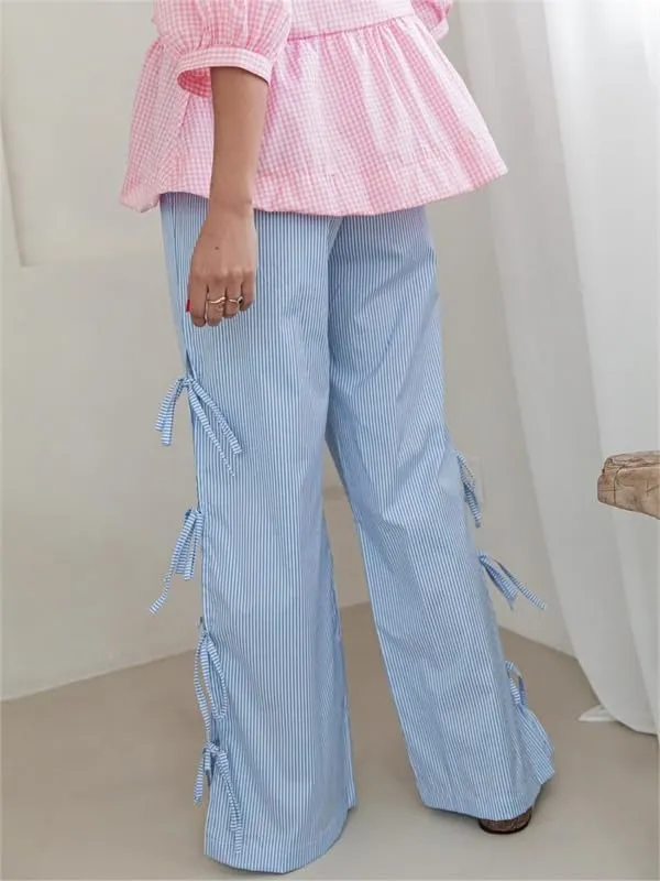 Sastianaen Women Y2K Striped Long Pants with Bow Tie Side Slit Wide Leg Lounge Pants in Gingham Pattern with Pockets