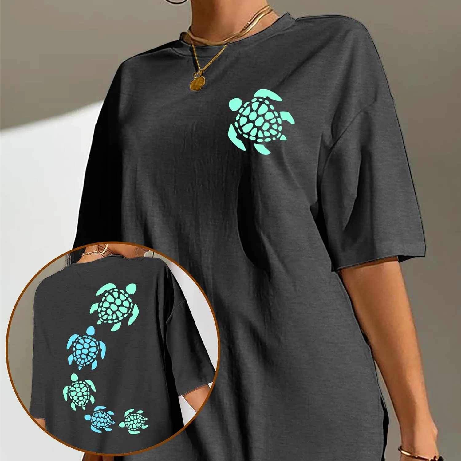 Sea Turtle Shirts Women: Oversized Hawaiian Shirt Beach Graphic T-Shirt Turtle Graphic Tee Casual Vacation Tops