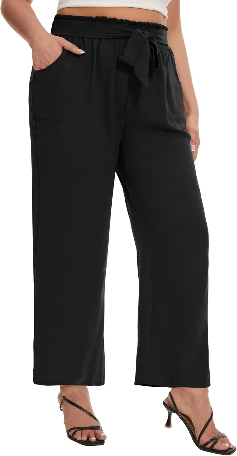SEKINO Women's Plus Size Wide Leg Pants Loose Casual Flowy Pants Adjustable Knot Belted Lounge Beach Pants with Pockets