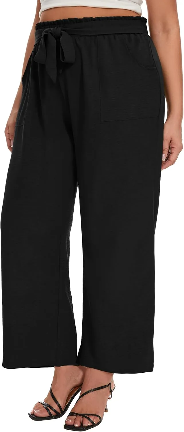 SEKINO Women's Plus Size Wide Leg Pants Loose Casual Flowy Pants Adjustable Knot Belted Lounge Beach Pants with Pockets