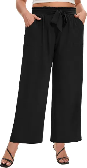 SEKINO Women's Plus Size Wide Leg Pants Loose Casual Flowy Pants Adjustable Knot Belted Lounge Beach Pants with Pockets