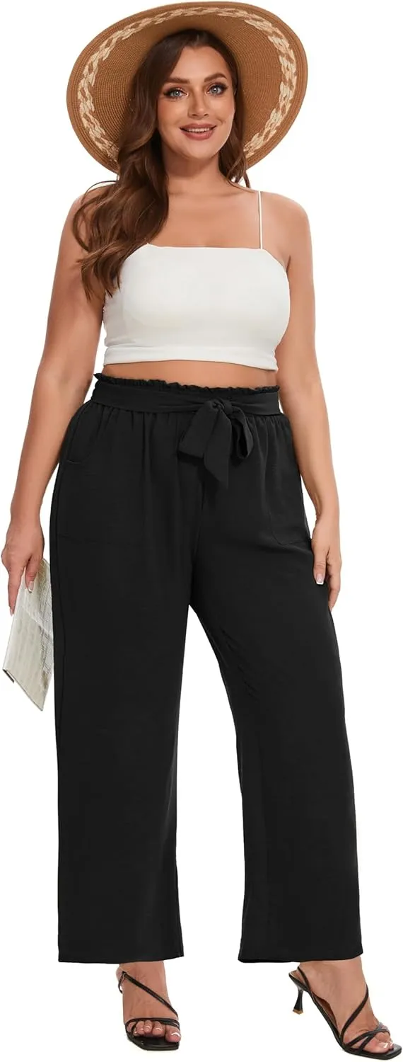 SEKINO Women's Plus Size Wide Leg Pants Loose Casual Flowy Pants Adjustable Knot Belted Lounge Beach Pants with Pockets