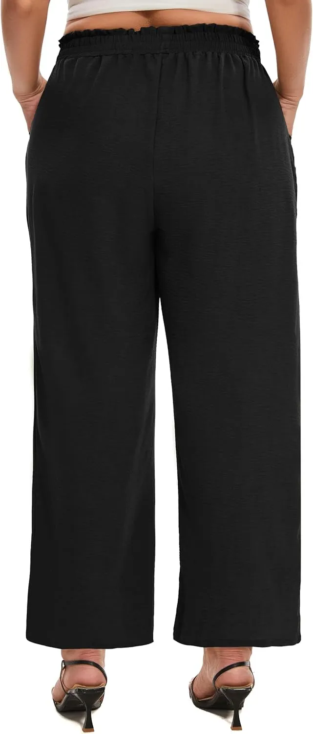 SEKINO Women's Plus Size Wide Leg Pants Loose Casual Flowy Pants Adjustable Knot Belted Lounge Beach Pants with Pockets
