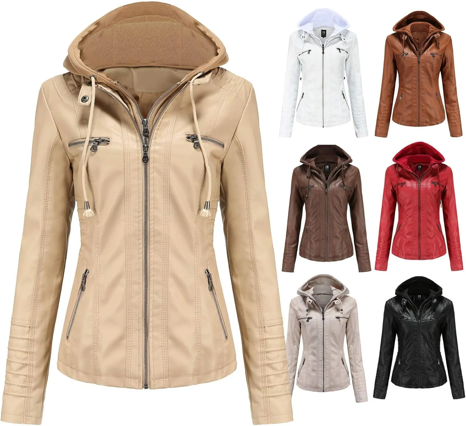 SHAOBGE Jacket Long Leather Women's Slim Zip Belt Tops Stand Jacket Suit Collar Motorcycle Coat Women's Coat Jackets
