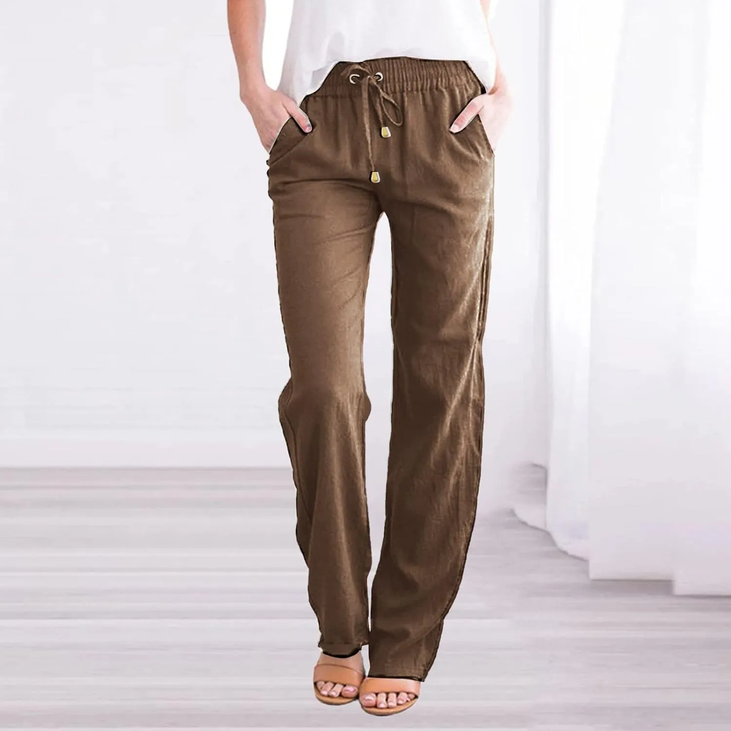 SHAOBGE Womens Casual Pants Straight Leg Drawstring Elastic High Waist Loose Comfy Trousers with Pockets Trendy Pants 2024